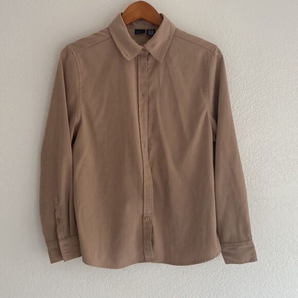 Basic Edition Button Down Blouse Top Tan/Brown Size M - Picture 2 of 5